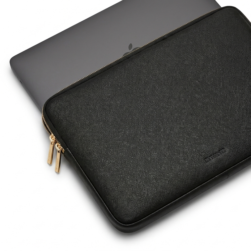 Estuche para laptop DAVANTI en cuero vegano Saffiano negro con laptop