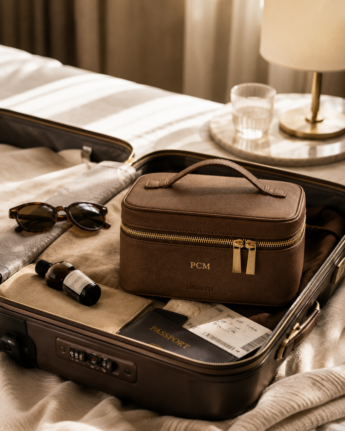Neceser DAVANTI color moka dentro de una maleta para viaje