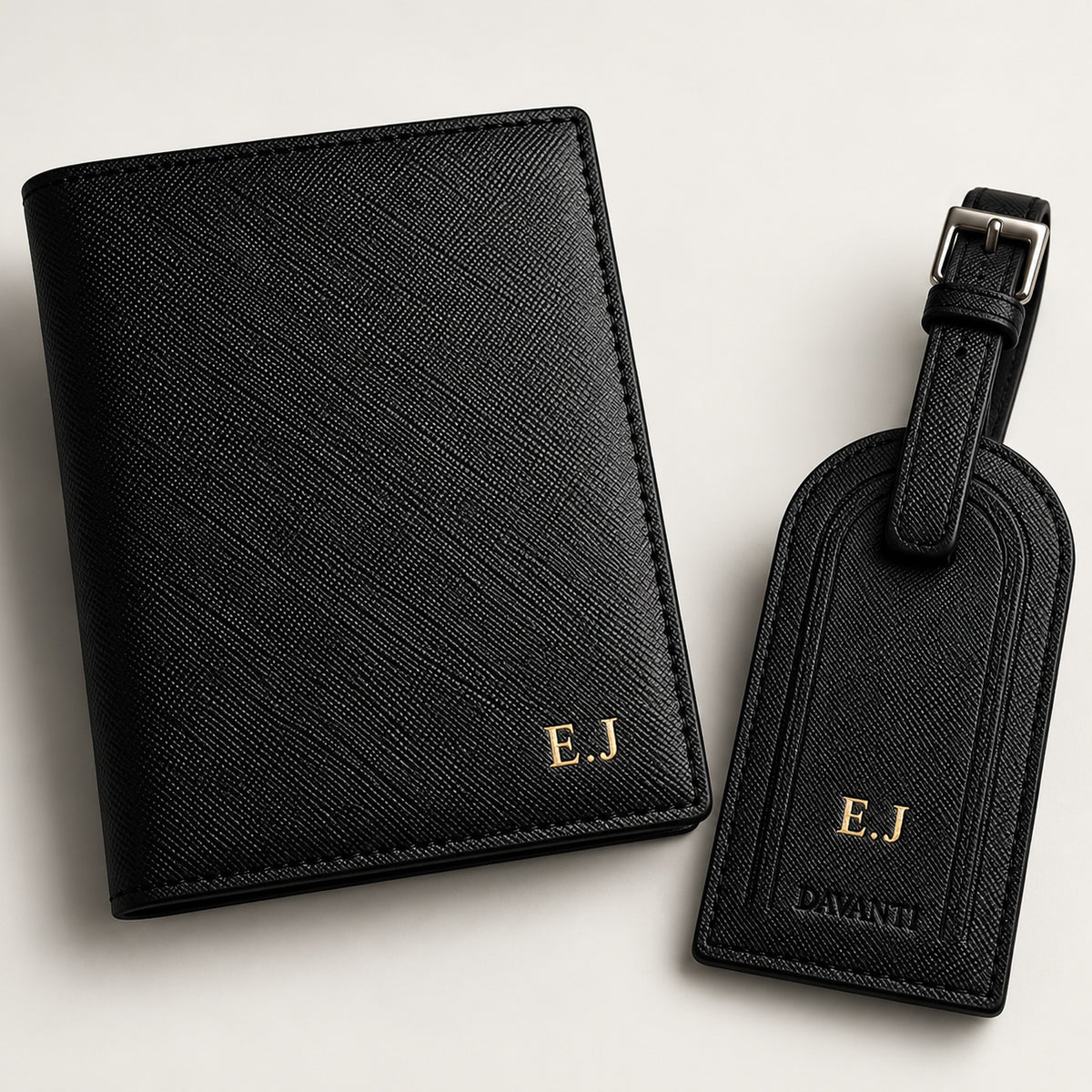 Portapasaporte negro DAVANTI con tag para maleta personalizado de regalo