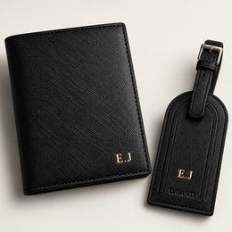 Portapasaporte negro DAVANTI con tag para maleta personalizado de regalo